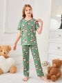 Tween Girls' Cute Avocado Print Short Sleeve Top + Long Pants Home Wear Set, Simple & Comfortable