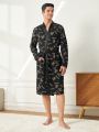 Men'S Cartoon Printing Belted Robe With Front Pocket