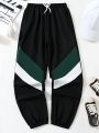 SHEIN Kids EVRYDAY Big Boys' Color Contrast Drawstring Waist Jogger Pants With Elastic Cuffs
