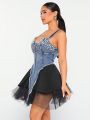 XAX Contrast Color Mesh Panel & Pearl Decorated Denim Cami Dress