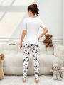Teen Girls' Cute Panda & Letter Print Tight Homewear Set 2pcs