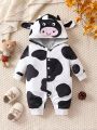 SHEIN Baby Boy Cow Print 3D Ear Design Button Front Hooded Jumpsuit