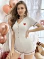 Heart Embroidery Contrast Binding Romper Shorts For Home Wear