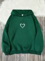 Teen Girl Heart Print Drop Shoulder Hoodie