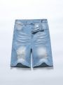 Male Teenagers Stretchy Ripped Denim Shorts With Full Spray And Wrinkled Denim Shorts