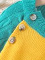 Baby Girls' Color Block Letter Patchwork Sweater Jumpsuit With Raglan Sleeve