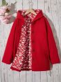 Teen Girls' Floral Print Red Hoodie With Long Sleeves