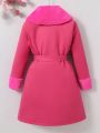 Tween Girl 1pc Borg Collar Double Breasted Belted Overcoat