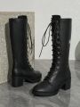 Women's Fashionable Vintage Style High-top Knight Boots With Chunky Heels, Thick Soles, Side Zipper And Buckles