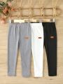 3pcs/Set Young Girls' Solid Color Leggings With Patch, Stretchy Long Pants For Everyday Wear