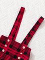 SHEIN Kids FANZEY Toddler Girls' Sweet Red Plaid Overall Skirt With Suspenders Perfect For Autumn