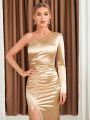 One Shoulder Ruched Split Thigh Satin Bridesmaid Dress