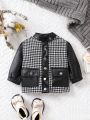 Baby Girls' Color Block Houndstooth Coat With Flap Pocket And Pu Leather Panel