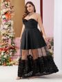 SHEIN Belle Plus Size Strapless Evening Gown With 3d Flower Decor And Perspective Netting Skirt