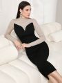 SHEIN Modely Color Blocked Long Sleeve High Neck Bodycon Sweater Dress