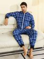 Men's Grid Pattern Zipper Hooded Jumpsuit For Home Wear