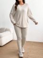 SHEIN Frenchy Plus Size Drop Shoulder Ribbed Knit T-Shirt And Leggings Set