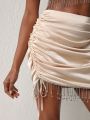 Leslie Samano Rhinestone Fringe Trim Drawstring Side Satin Bodycon Skirt