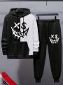 Men's Contrast Color Cartoon Print Hooded Sweatshirt And Sweatpants