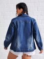 SHEIN Plus Flap Pocket Drop Shoulder Denim Jacket