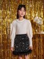 SHEIN Kids KDOMO Tween Girl Fuzzy Trim Sequin Skirt