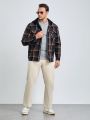 SHEIN Extended Sizes Men Plus Plaid Print Flap Pocket Hooded Overcoat