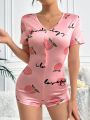 Women's Peach Letter Print Romper