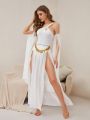 One Shoulder Jumpsuit + High Slit Mesh Skirt + 1pair Arm Sleeves + Waist Chain Costume Set