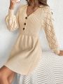 SHEIN Frenchy Women's V-neck Button Up Lantern Sleeve Knitting Sweater Dress