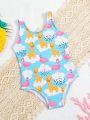 Baby Girl Cartoon Giraffe & Flamingo Printed Swimsuit