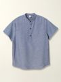 SHEIN Boys' Casual Mandarin Collar Half Button Short Sleeve Woven Loose Shirt
