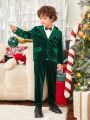 SHEIN Young Boy Single Breasted Velvet Blazer & Pants & Bow Tie Shirt