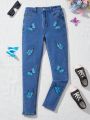 SHEIN Tween Girls' Butterfly Pattern Printed Casual Stretch Skinny Jeans