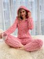 Cartoon Pattern Hooded Zipper Flannel Lounge Jumpsuit