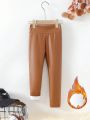 Little Girls' Brown Leather Pants, Simple And Stylish, Can Be Worn As A Base Layer