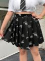 SHEIN Qutie Women's Plus Size Alphabet & Heart Print Pleated Skirt