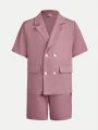 SHEIN Kids FANZEY Tween Boys' Slim Fit Short Sleeve Suit With Shorts, Gentleman Style Outfit Set