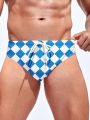Men's Plus Size Plaid Pattern Drawstring Waist Triangle Swim Trunks