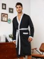 Men Contrast Trimmed Dual Pockets Belted Robe