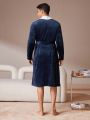 Men's Color Block Bathrobe With Shawl Collar And Waistband