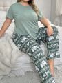 Plus Size Print Short Sleeve Top And Pants Pajama Set