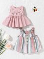 SHEIN Newborn Baby Girls' Cute Cat Patterned Sleeveless Tank Tops With Round Neck 2pcs Set