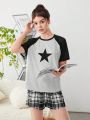 SHEIN Teen Girls' Knitted Color Block Raglan Sleeve Star Pattern Print T-Shirt And Plaid Shorts Home Wear Outfits
