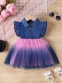 Baby Girls' Summer New Simple Denim Gradient Mesh Dress