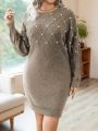 SHEIN Privé Plus Size Pearl Stud Embellished Knit Sweater Dress (belt Not Included)