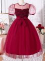 SHEIN Kids HYPEME Tween Girls' Elegant & Fashionable Mesh Patchwork Puff Sleeve Ball Gown Dress