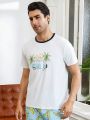 Men'S Short Sleeve Homewear Top With Car & Coconut Tree Print