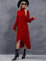 High Neck Drop Shoulder Sleeve Sweater Dress, Belt Not Included