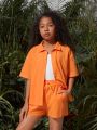 SHEIN Kids Cooltwn Tween Girls' Everyday Casual Spring/Summer Solid Color Woven Shirt & Shorts Set