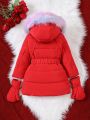 Girls (small) Colorful Fur Collar Belt Padded Coat